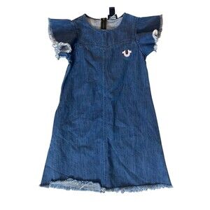 True Religion Girls Denim Dress Sz S (Tencel) Flutter Sleeve Distressed Hem Blue